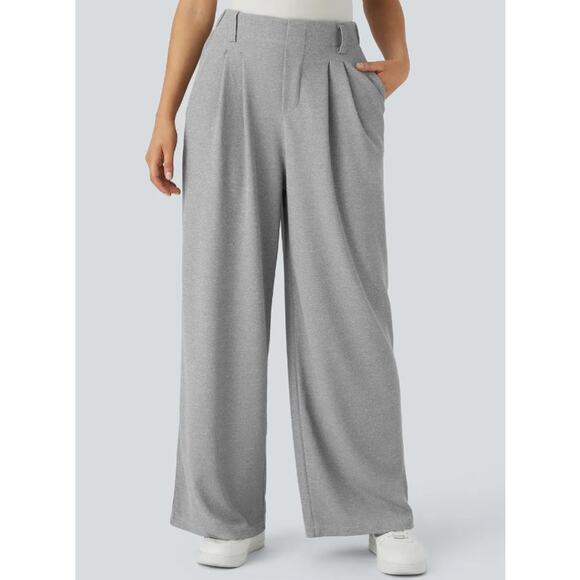 HALARA Flex Small Petite High Waist Pocket Wide Leg Gray Waffle Office Pants, S - Picture 1 of 11